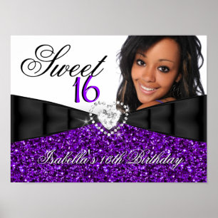 Affiche Bannière de 16e anniversaire Photo Purple Glitter 