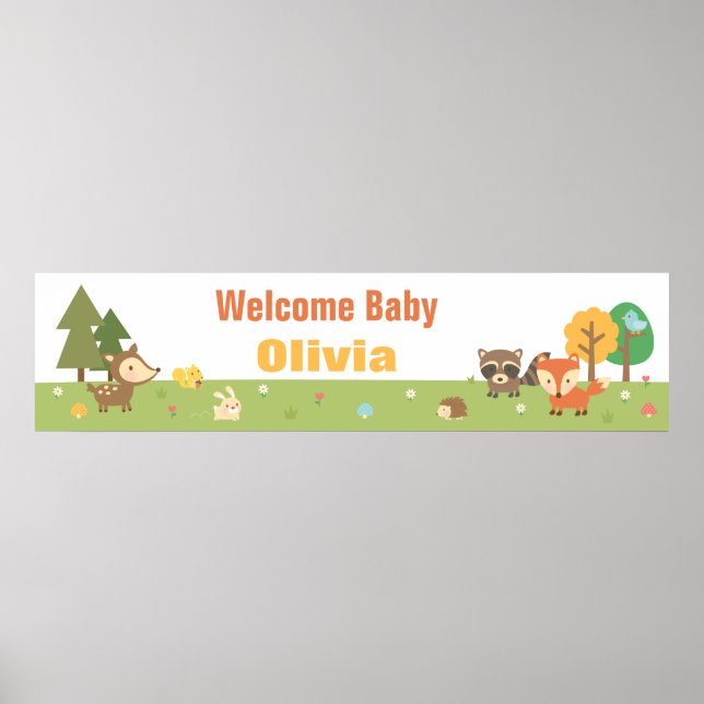 Affiche Bannière de Baby shower à thème animal de bois mig (Devant)