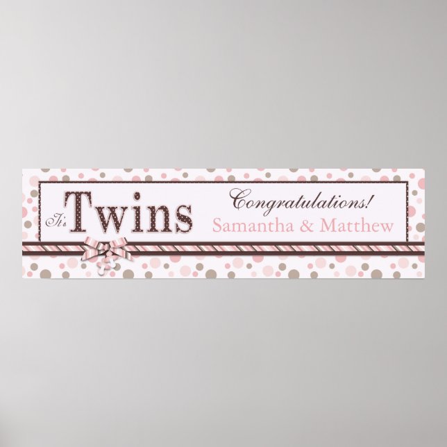 Affiche Bannière de Baby shower de points TWINS Rose Taupe (Devant)