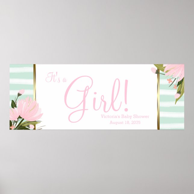 Affiche Bannière de Baby Shower Rose et Vert Menthe (Devant)