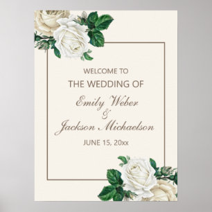 Affiche Bannière de bienvenue de mariage floral crème blan