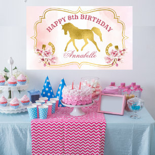 Affiche Bannière de cheval doré trottant fête rose et or