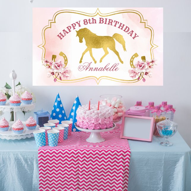 Affiche Bannière de cheval doré trottant fête rose et or (Créateur téléchargé)