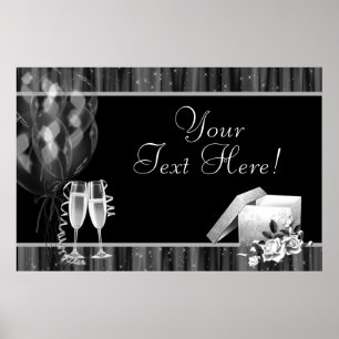 Affiche Bannière de fête Champagne à paillettes Noir Blanc