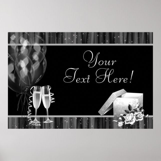 Affiche Bannière de fête Champagne à paillettes Noir Blanc (Devant)