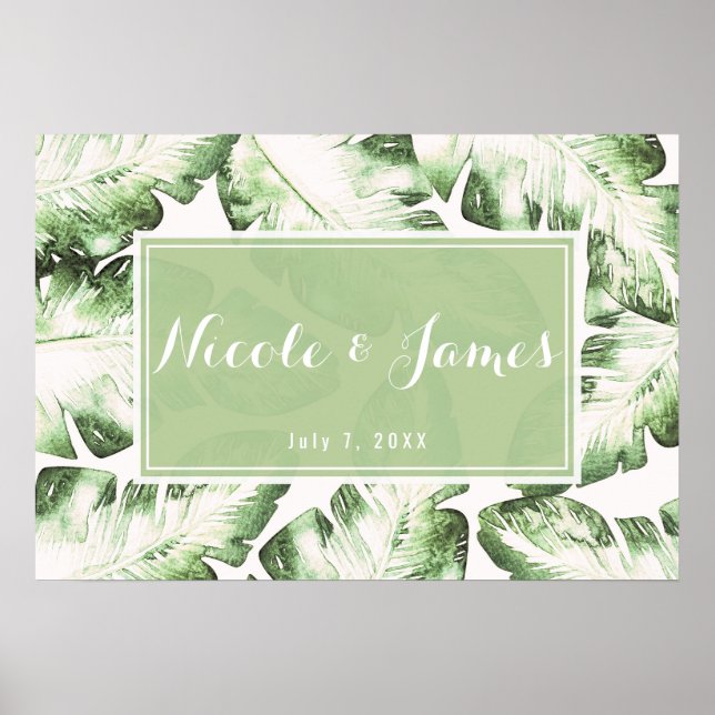 Affiche Bannière de mariage élégante blanche verte feuille (Devant)