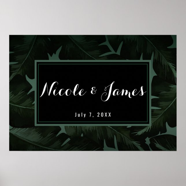 Affiche Bannière de mariage Feuilles Tropicales Chic Vert  (Devant)