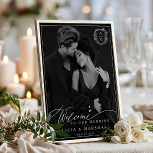 Affiche Bannière de mariage photo à crête florale noir et