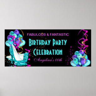 Affiche Bannière FUCHSIA TURQUOISE Anniversaire Fête Céléb