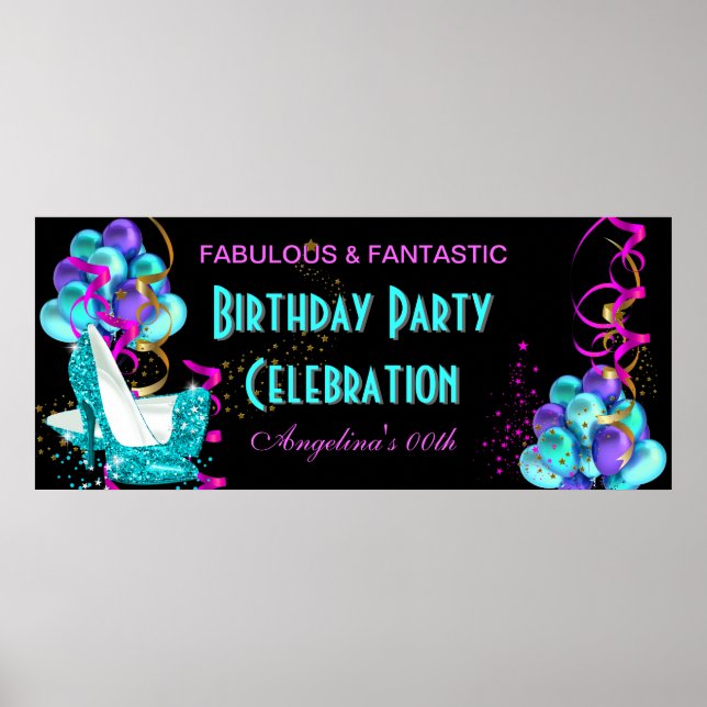 Affiche Bannière FUCHSIA TURQUOISE Anniversaire Fête Céléb (Devant)