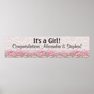 Affiche Bannière grand Baby shower rose et Brown Zebra
