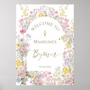 Affiche Baptême aquarelle fleurs de prairie bienvenue