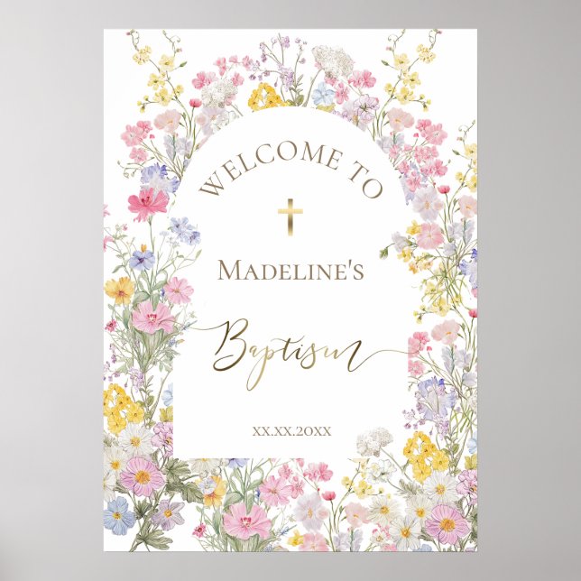 Affiche Baptême aquarelle fleurs de prairie bienvenue (Devant)