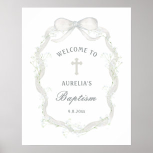 Affiche Baptême Baby's Breath Ruban Blanc Bienvenue