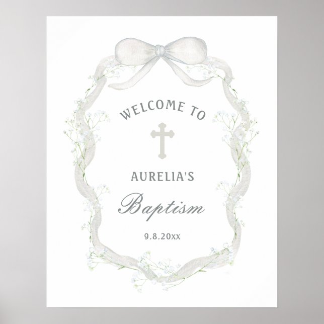 Affiche Baptême Baby's Breath Ruban Blanc Bienvenue (Devant)