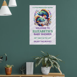 Affiche Baptême Bébé Poissons Lavande et Vert Zodiaque