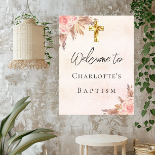 Affiche Baptême blush rose or pampas herbe croix bienvenue