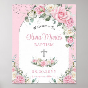 Affiche Baptême Christening Rose Blanc Roses Floral Argent