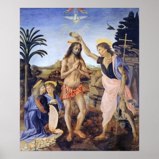 Affiche Baptême du Christ par Verrocchio, Léonard de Vinci (Devant)