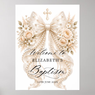 Affiche Baptême Élégant Ruban Floral et Bienvenue Perle