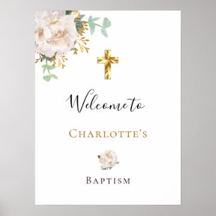 Affiche Baptême eucalyptus blanc croix d'or floral blanc b