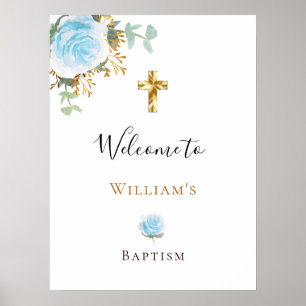 Affiche Baptême eucalyptus bleu floral garçon bienvenue
