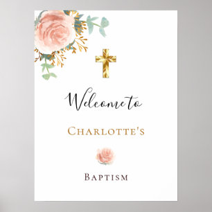 Affiche Baptême eucalyptus rose floral fille bienvenue