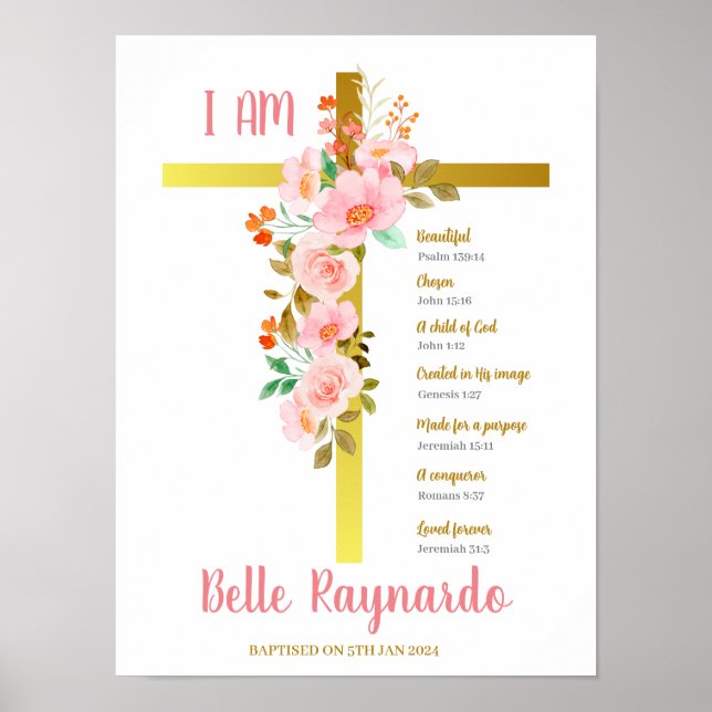 Affiche Baptême fille rose et rouge Fleurs sur Crucifix (Devant)