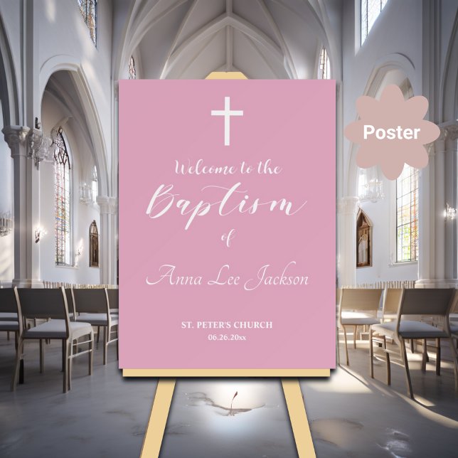 Affiche Baptême moderne Croix blanche Dusty Rose Accueil (Créateur téléchargé)