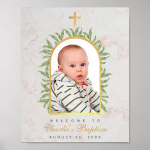 Affiche Baptême Photo Faux Gold Arch Greenery Bienvenue