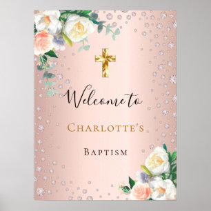 Affiche Baptême rose gold fleurs roses fille bienvenue