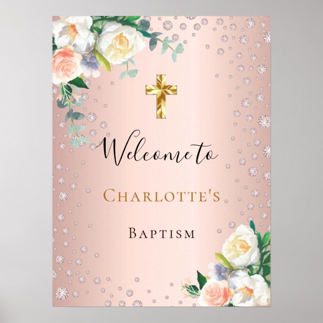 Affiche Baptême rose gold fleurs roses fille bienvenue (Devant)