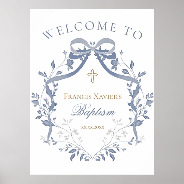 Affiche Baptism elegant blue bow welcome sign (Devant)