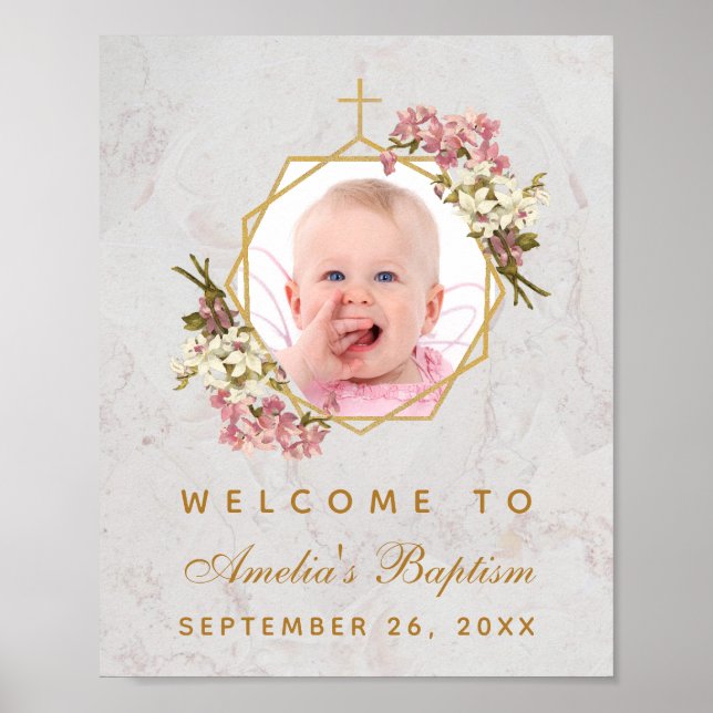 Affiche Baptism Photo Girl Gold Pink Orchids Welcome Sign (Devant)