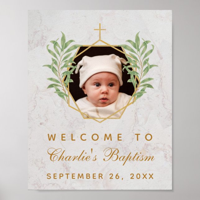 Affiche Baptism Photo Greenery Marble Gold Welcome Sign (Devant)
