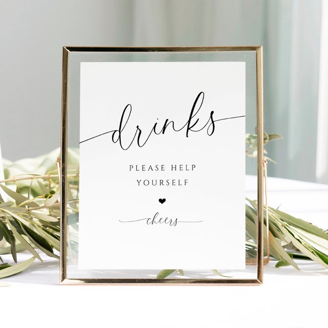 Affiche Bar à Boissons Élégant Moderne Signe de Mariage (Bridal Shower Drinks Sign - Elegant Romantic Bridal Shower Drinks - Heart - Please help yourself)