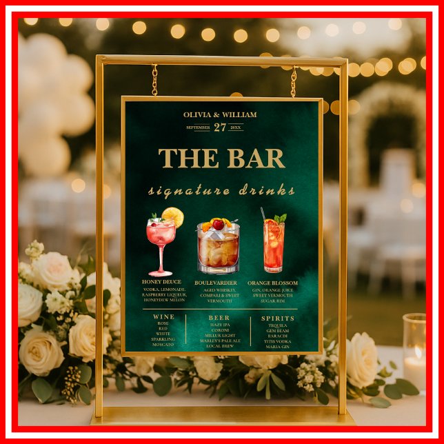 Affiche Bar à boissons signatures de mariage vert émeraude (Créateur téléchargé)