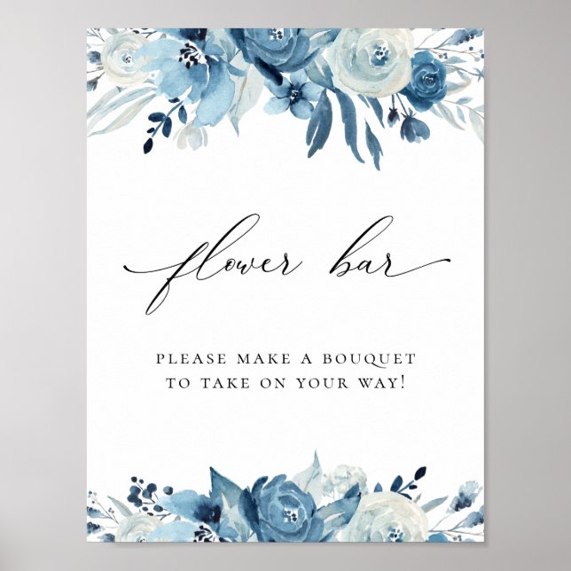 Affiche Bar à fleurs de mariage floral bleu poussiéreux (Devant)