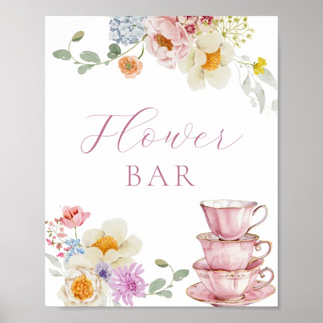 Affiche Bar à fleurs Fleur sauvage et Tasses à thé roses (Devant)
