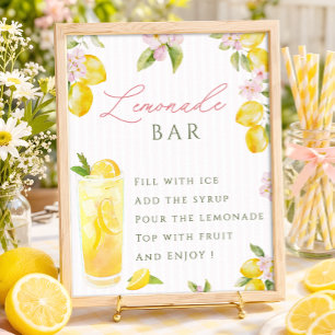 Affiche Bar à limonade fraîchement diplômé aux fleurs rose