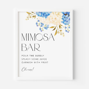Affiche Bar à Mimosa Bleu et Blanc Hydrangeas Aquarelle