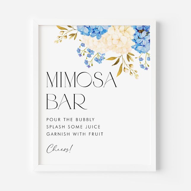 Affiche Bar à Mimosa Bleu et Blanc Hydrangeas Aquarelle (Créateur téléchargé)
