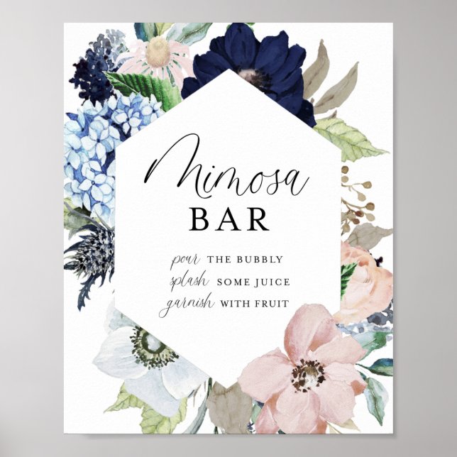 Affiche Bar à Mimosa Cadre Floral Navy et Blush (Devant)