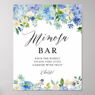Affiche Bar à Mimosa Fleurs d'Hydrangea Aquarelle Bleue po