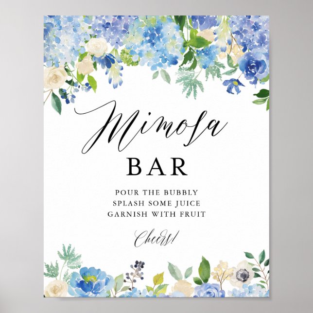 Affiche Bar à Mimosa Fleurs d'Hydrangea Aquarelle Bleue po (Devant)