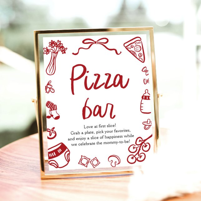 Affiche Bar à pizza pour Baby Shower dessiné à la main en  (Red Italian Hand Drawn Baby Shower Pizza Bar Sign)