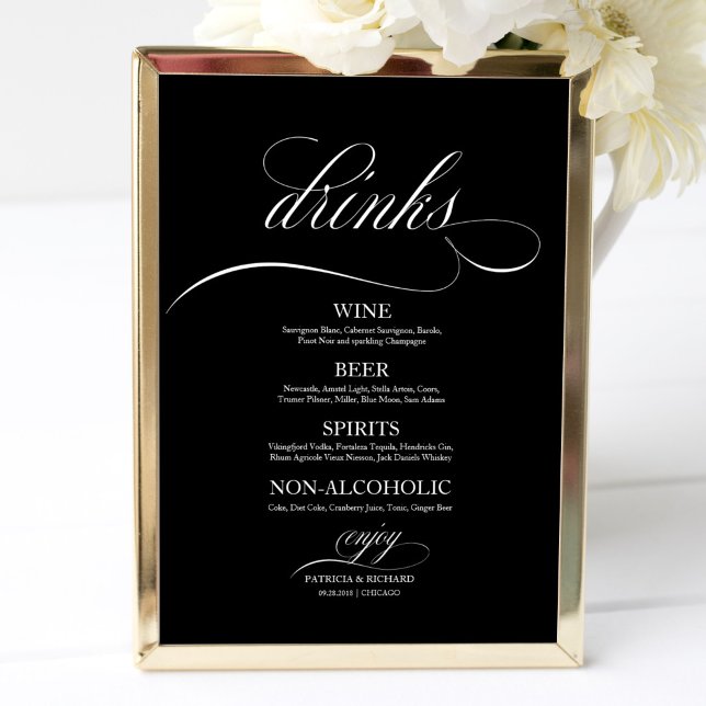 Affiche Bar Boissons mariage Menu Signer Noir Et Blanc (Créateur téléchargé)