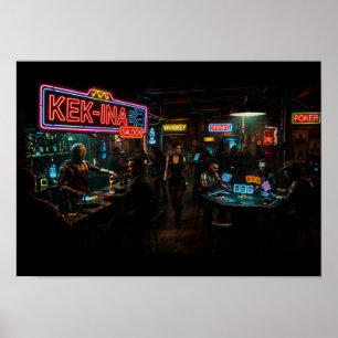 Affiche Bar Cyberpunk Poker Holographique Robot Barman