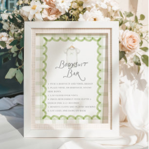 Affiche Bar de bodysuits de baby shower à carreaux verts f