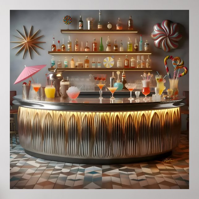 Affiche Bar de fête futuriste atomique du milieu du siècle (Devant)